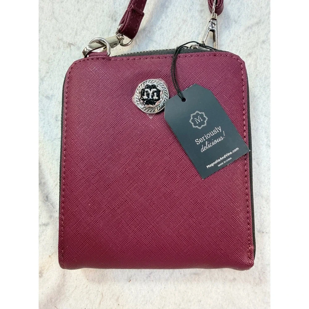 Magnolia and Vine Burgundy Vegan Leather Crossbody Wallet Bag Adjustable Strap